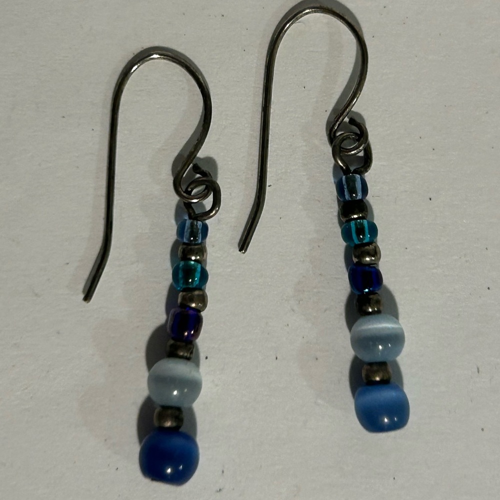 Blue and Gray Beaded Linear Drop Earrings